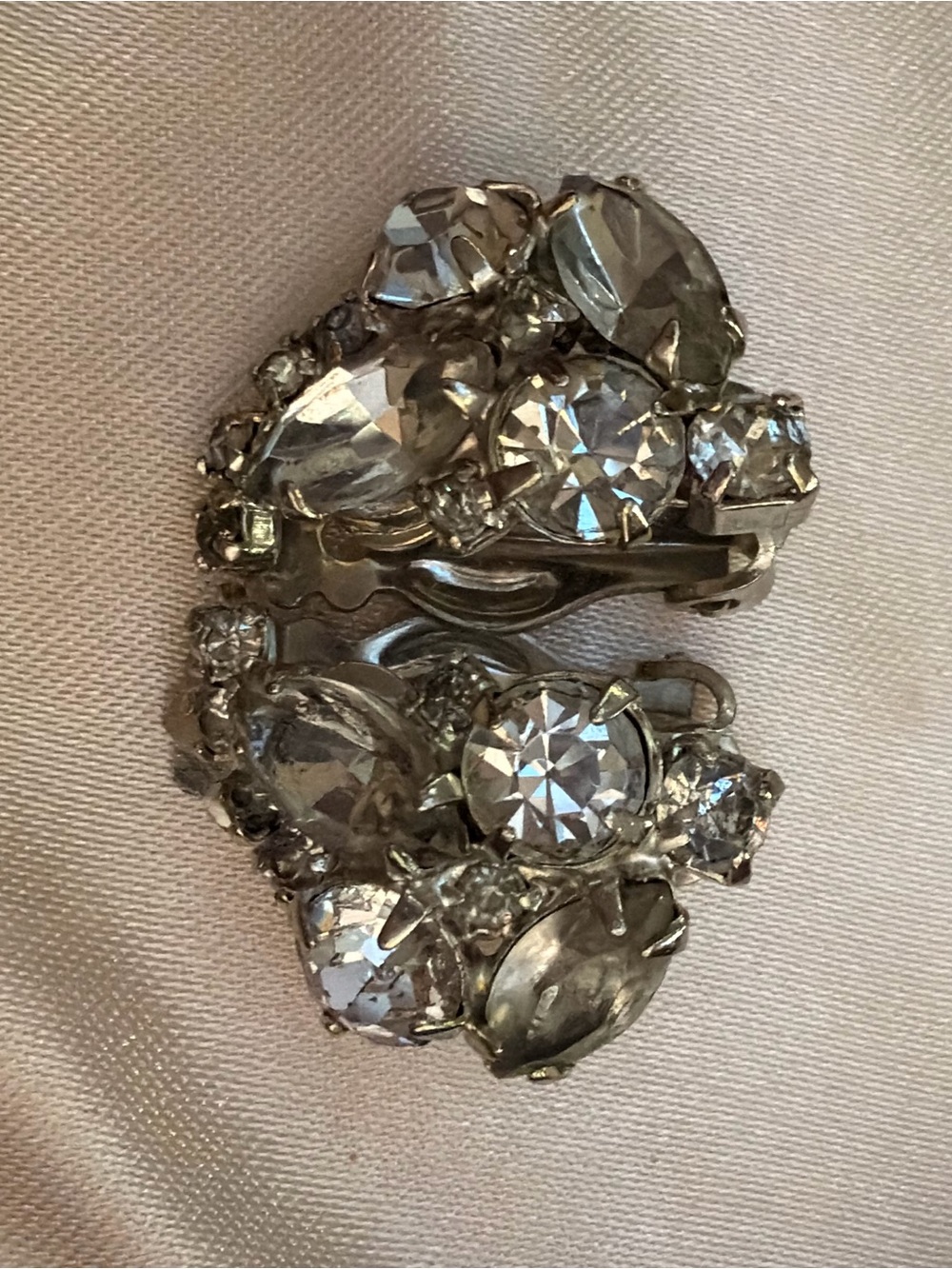 1950s Clear & Marquise Rhinestone Cluster Clip On Earrings - Silver Tone